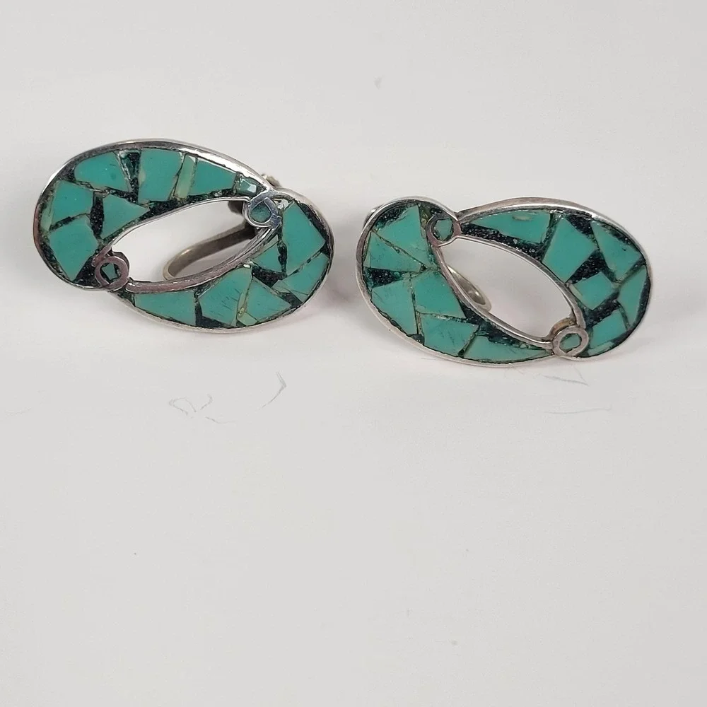 Vtg Taxco 925 Sterling Earrings Turquoise Mosaic Screw‎ Back Teardrop Signed LL